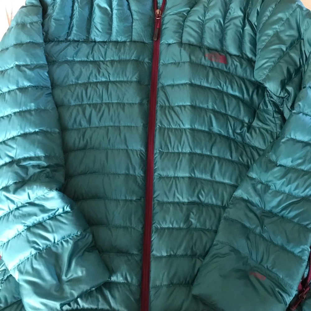 North face teal and purple puffer jacket